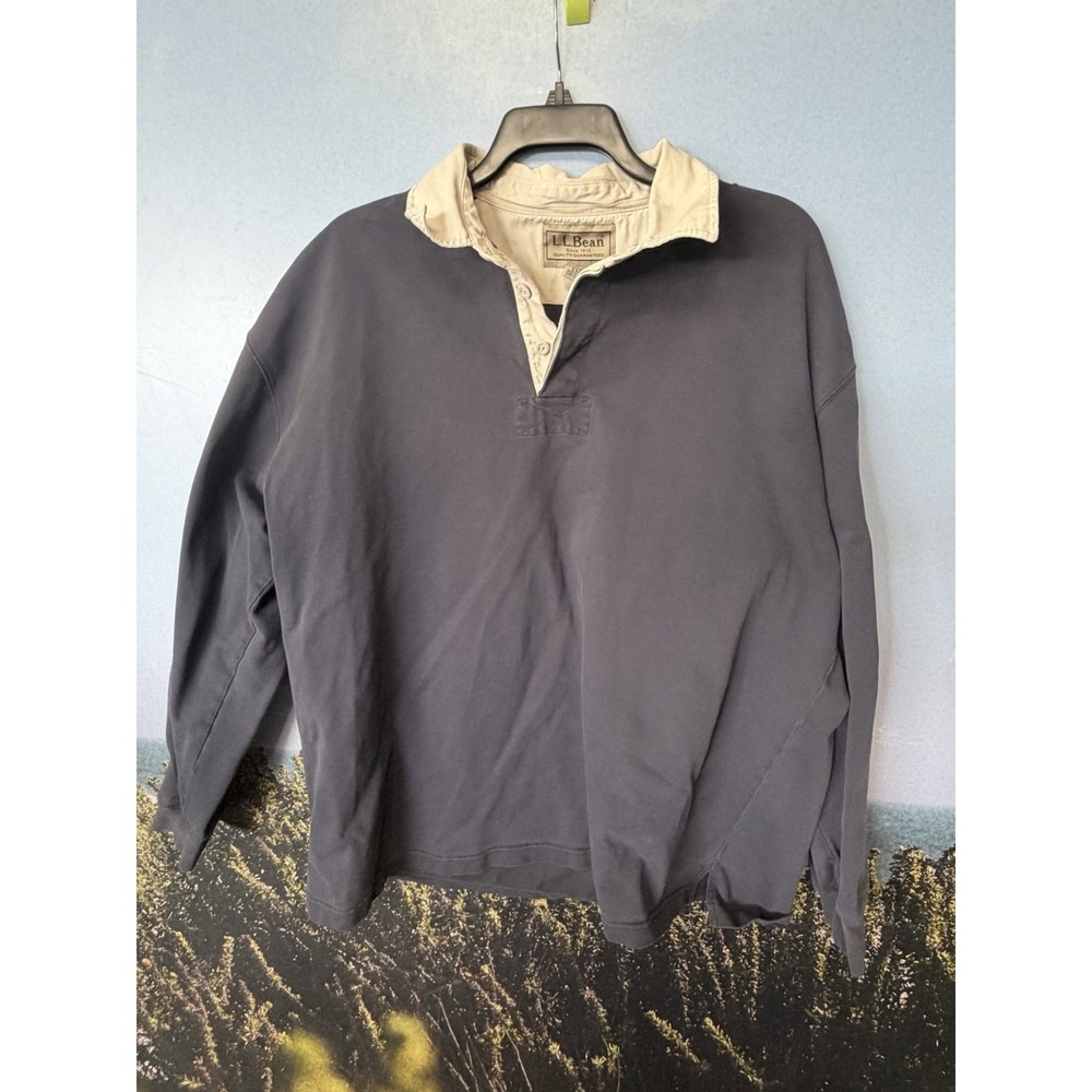 LL Bean Rugby Shirt Mens XXL Blue Heavy Cotton Long Sleeve Polo